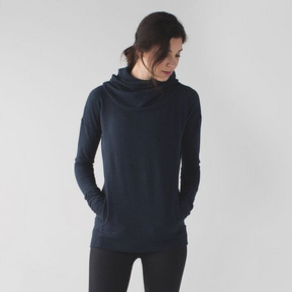Lululemon Heathered Navy Blue Stress Less Hoodie Cowl Funnel Neck, Size 6 - Picture 1 of 16